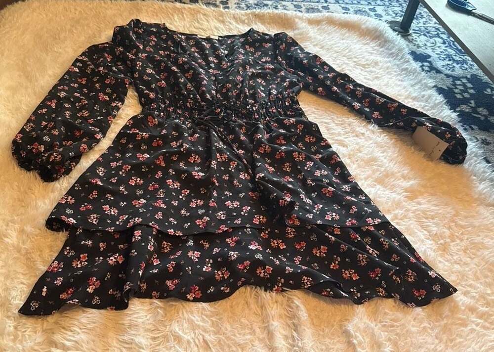 Bebop Floral Long‎ Sleeve Smocked Waist Ruffle Dress, Size XL